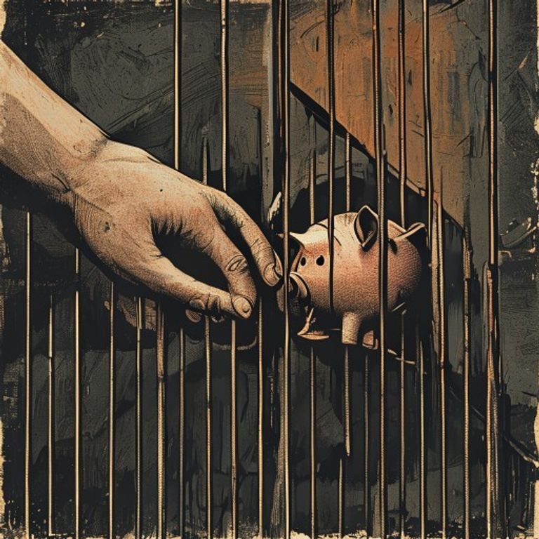 一隻手伸進撲滿,卻被一圈鐵柵欄擋住,撲滿上寫著美元存款