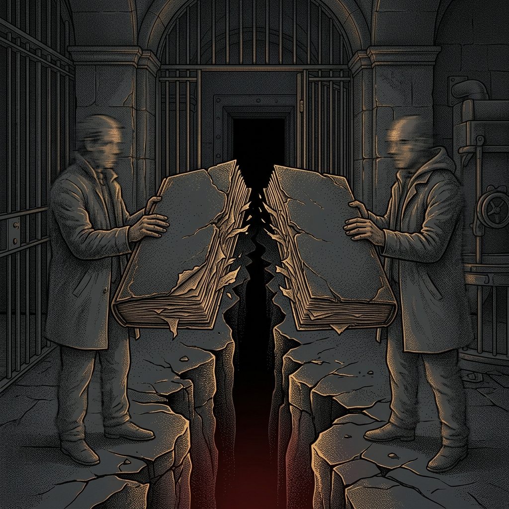 一座沒有國籍的銀行金庫,帳本被刻意拆成兩半,中間裂開一道黑洞