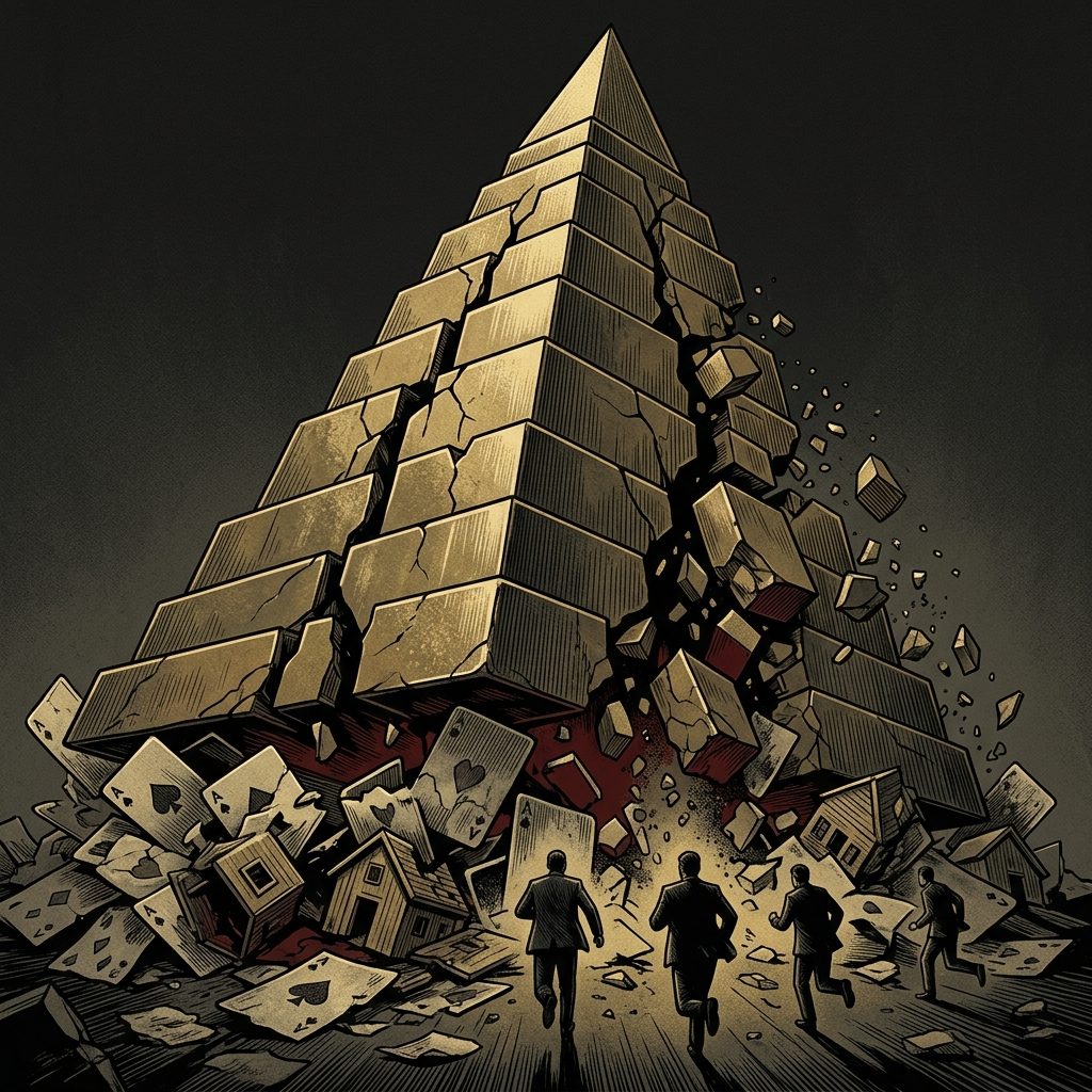 閃著金光的金字塔高塔建在崩塌的房屋地基上,正在傾斜龜裂