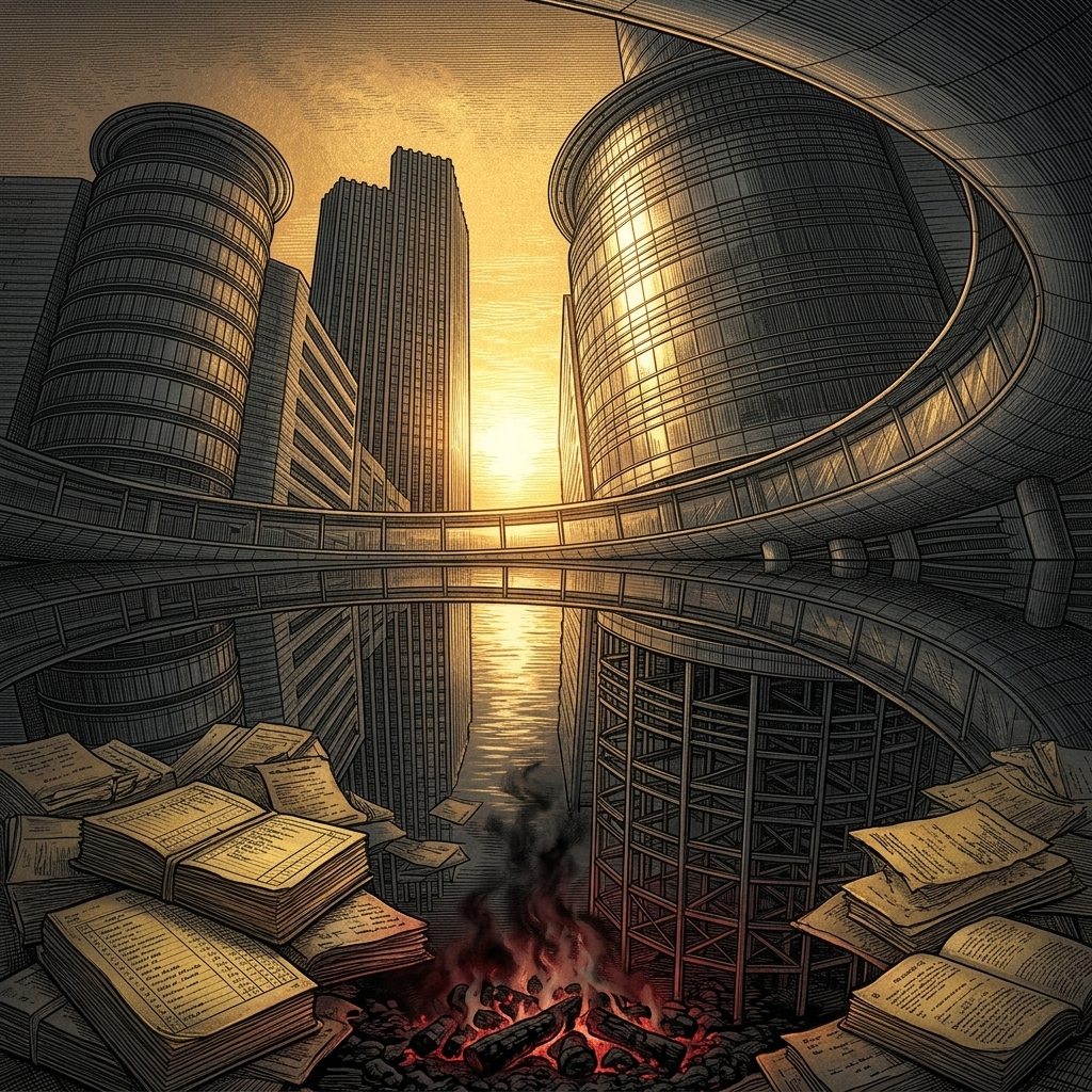 一座在金色夕陽下閃閃發光的玻璃帷幕摩天大樓,水面倒影卻顯示它中空、由帳本紙張堆疊、底部正在悶燒崩解